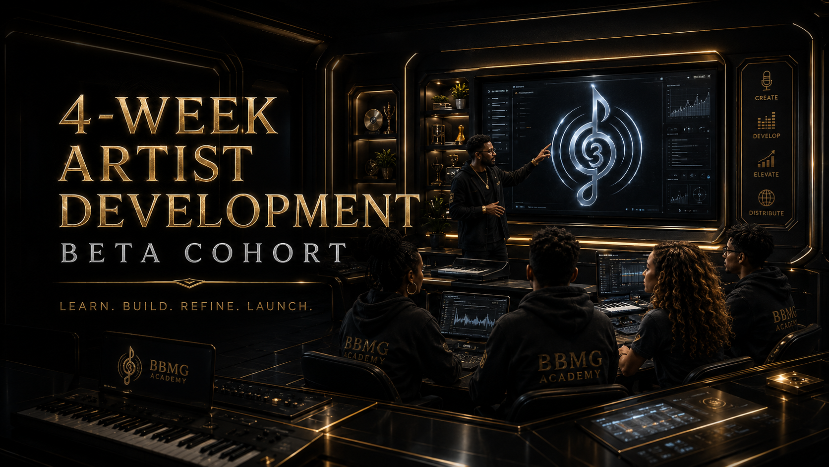 A music production class called '4-Week Artist Development Beta Cohort' with students listening to an instructor in a dark, high-tech studio with digital screens, keyboards, and music equipment.