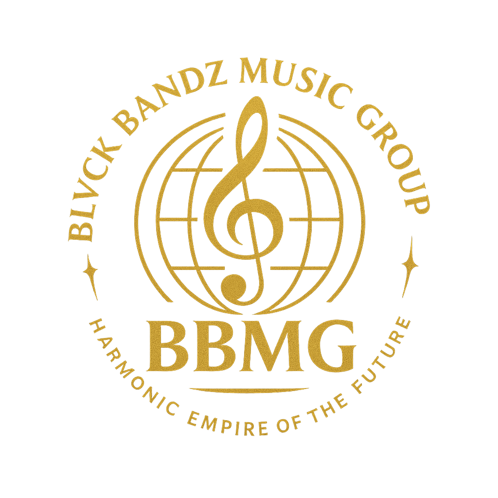 Gold logo for BBMG, Black Tik Bandz Music Group, with a globe, music note, and the slogan "Harmonic Empire of the Future" on a black background.