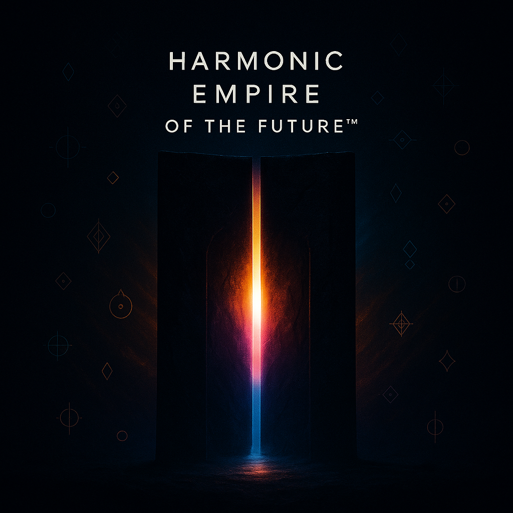 The image features the text 'Harmonic Empire of the Future™' above a glowing, futuristic vertical opening or portal with vibrant colors, set against a dark background with abstract geometric patterns.