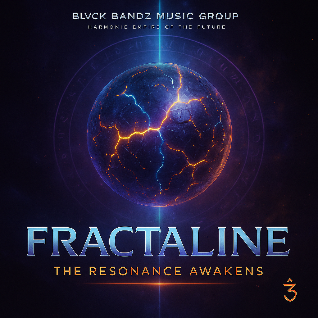 Digital illustration of a cracked planet with glowing lightning inside, set against a space background with stars, featuring text about Black Bandz Music Group's album 'Fractaline: The Resonance Awakens'.
