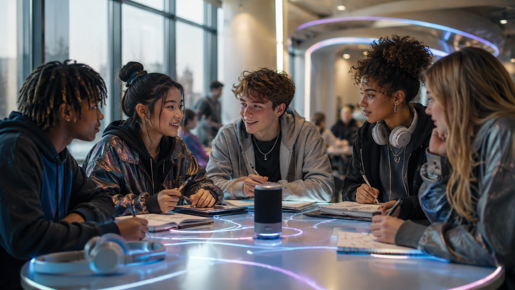 Group of five young people sitting around a table in a modern, well-lit space, engaging in conversation with notebooks and pens, with a smart speaker in the center of the table.
