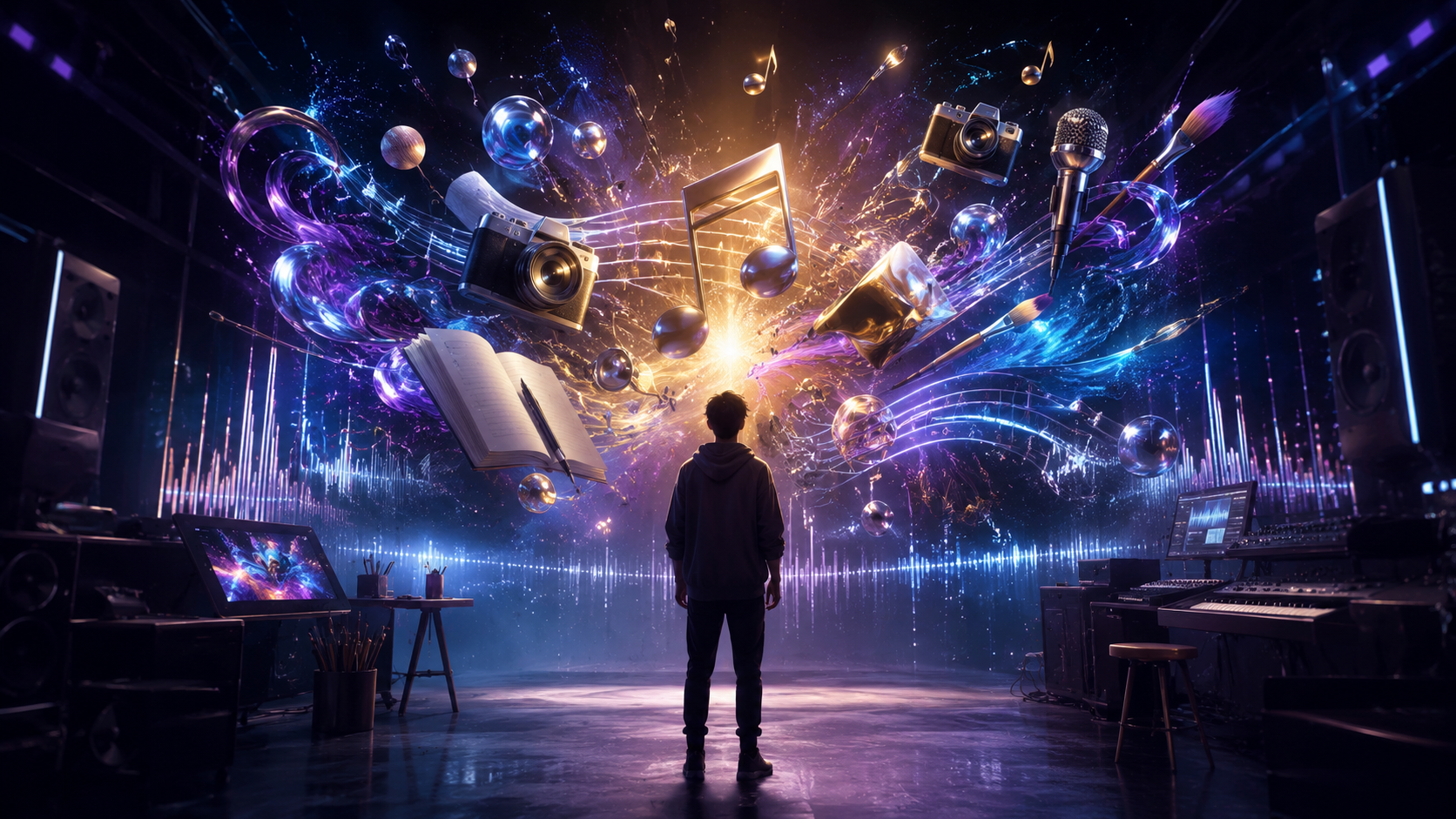 A person stands in a dark room with a digital art display of floating musical and artistic objects, including cameras, microphones, a book, musical notes, and abstract light trails.