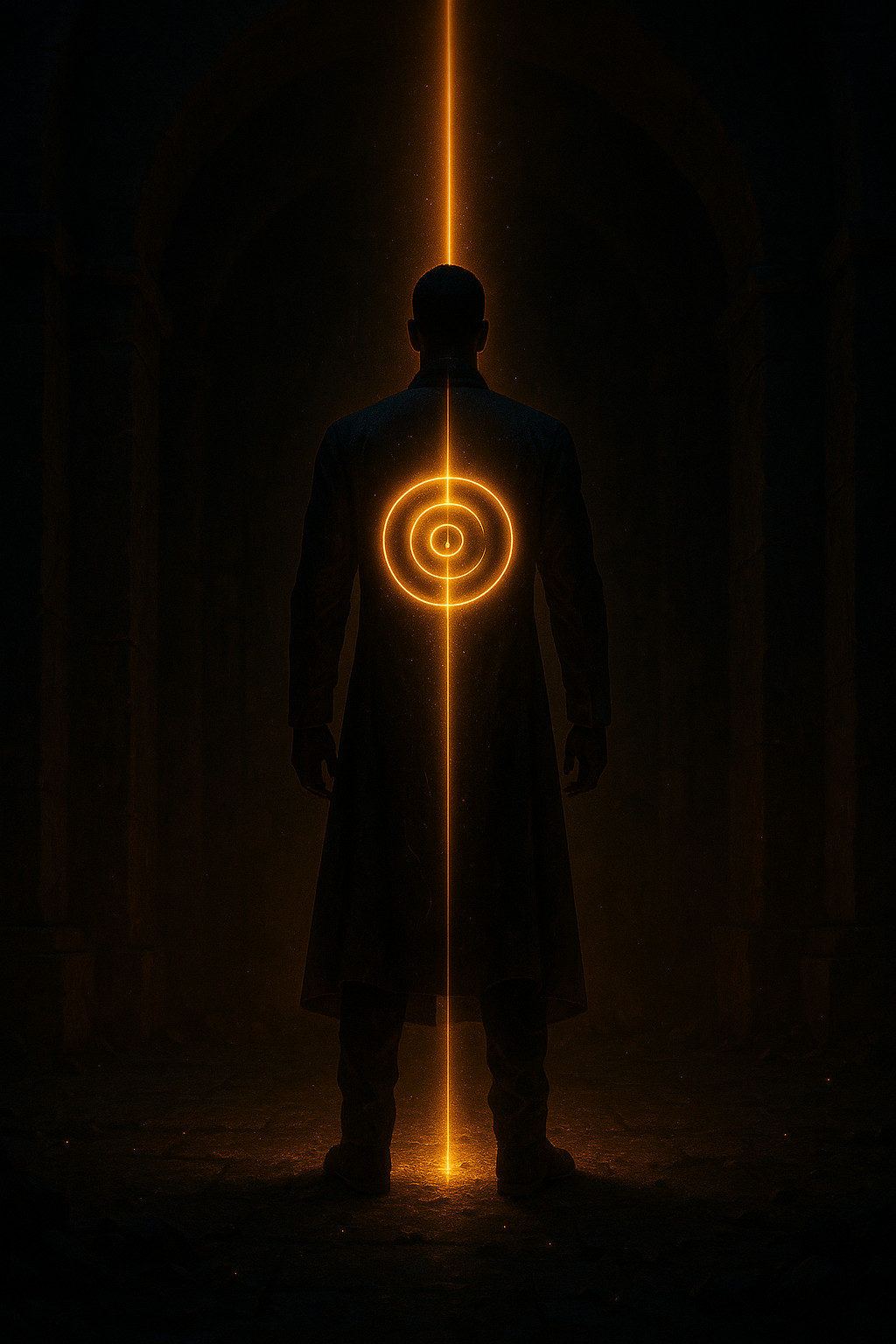 A silhouette of a man in a coat standing in a dark corridor, with glowing orange light forming a vertical line and target-like circles on his chest