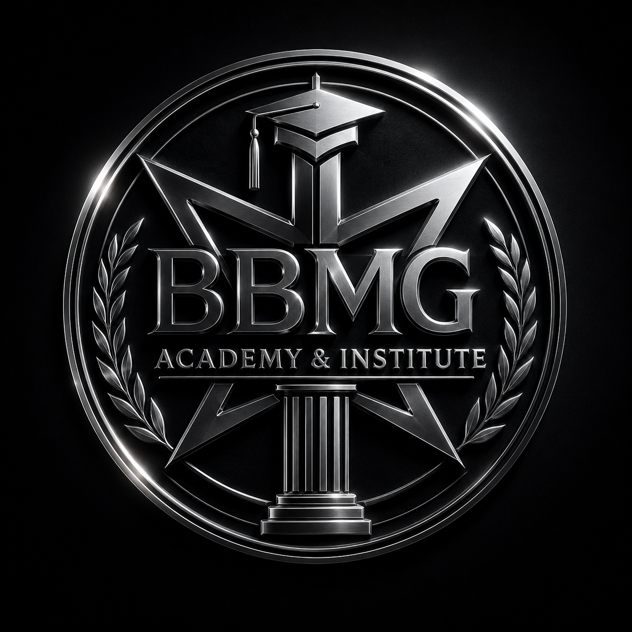A metallic emblem for BBMG Academy & Institute featuring a star with a graduation cap on top, a column at the bottom, and laurel wreaths on each side, set against a black background.