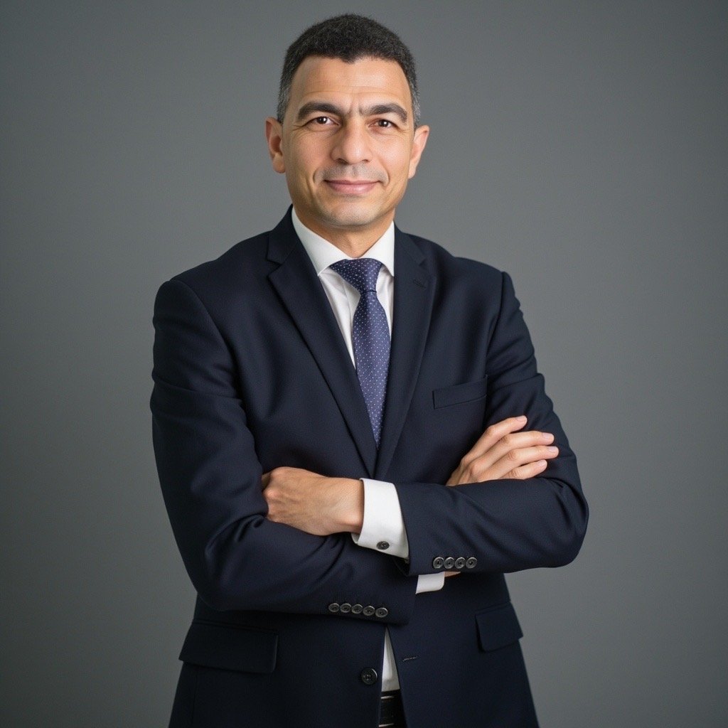 Hombre de negocios con traje azul y corbata, de cabello corto y pelo oscuro, posa con los brazos cruzados frente a un fondo gris.