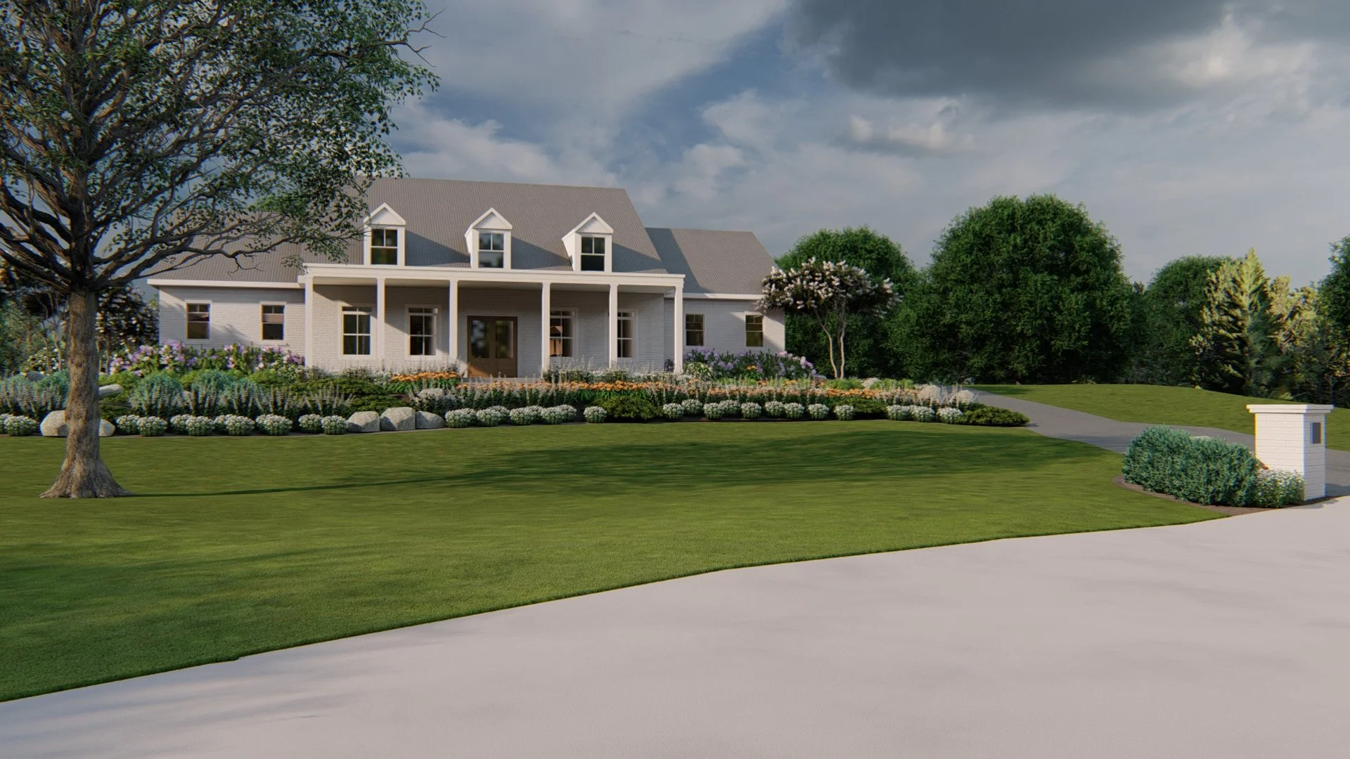 A large white house with a gray roof and a covered porch, surrounded by landscaped gardens and trees, with a driveway and mailbox in the foreground.