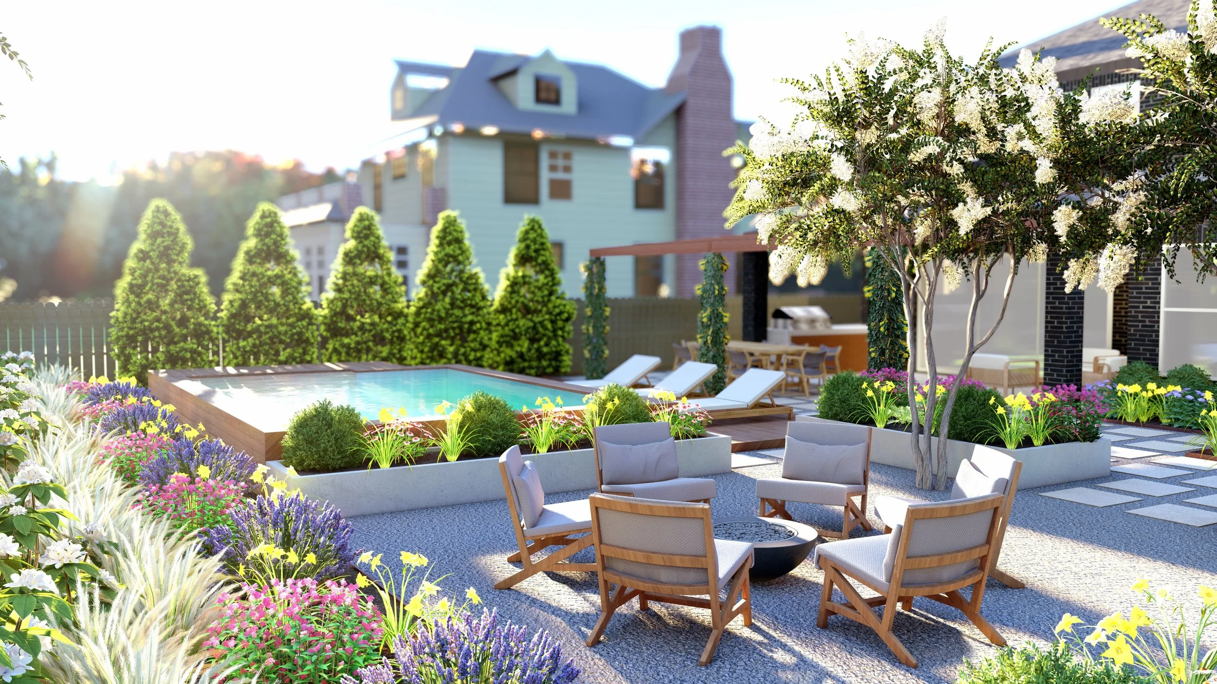 Backyard garden with pool, chairs, trees, and colorful flowering plants