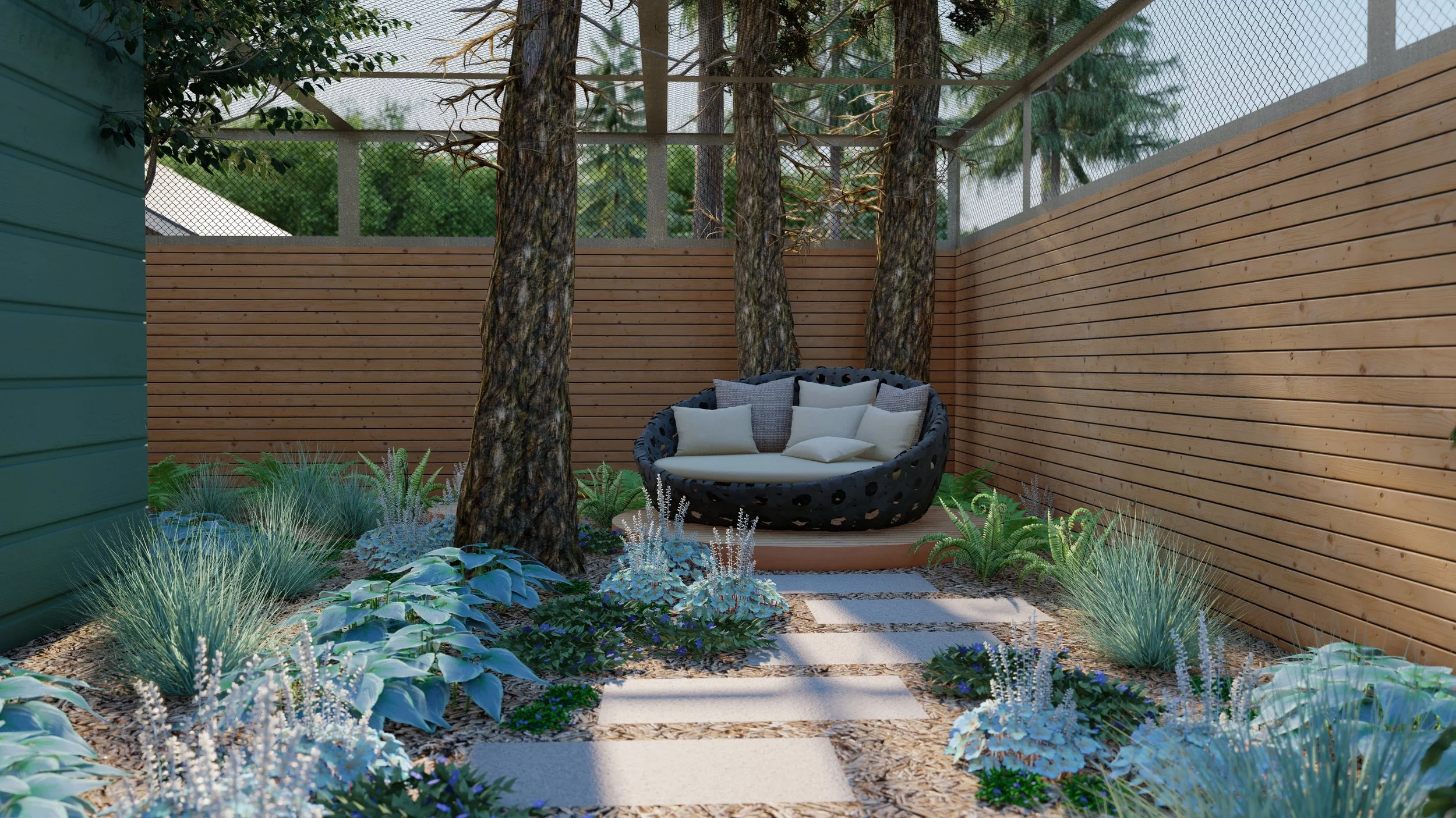 A cozy outdoor seating area with cushion pillows in a backyard garden, surrounded by wooden fencing, trees, and lush plants.