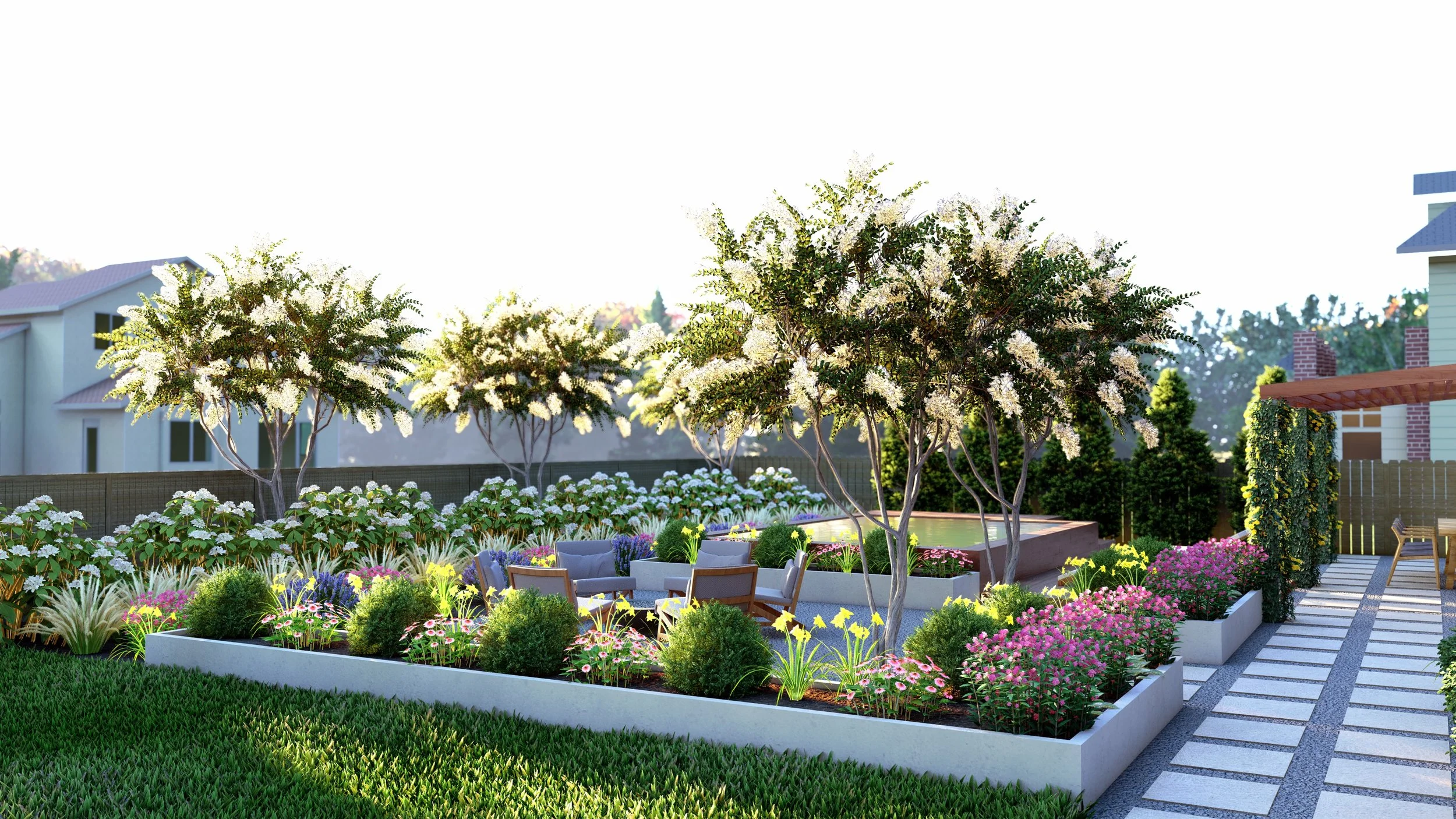 Beautiful backyard garden with blooming trees, colorful flowers, a sitting area, and a textured pathway, surrounded by a fence and neighboring houses.