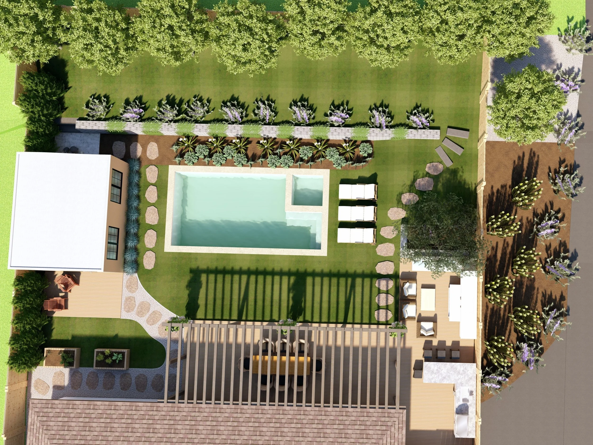 Overhead view of a backyard with a swimming pool, surrounding lounge chairs, a shaded sitting area, a lawn, and various plants and trees.