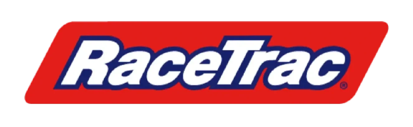 RaceTrac logo with red background and white text outlined in blue.