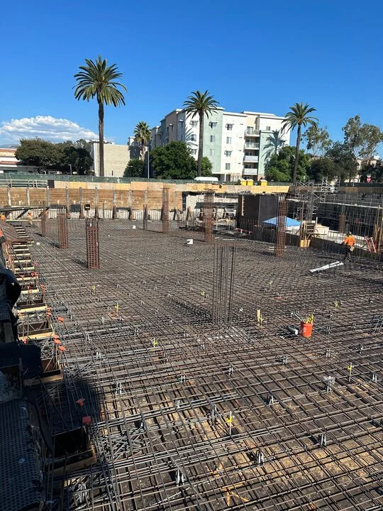 Construction site with steel rebar grid for building foundation, with tall palm trees, residential buildings, and blue sky in the background.
