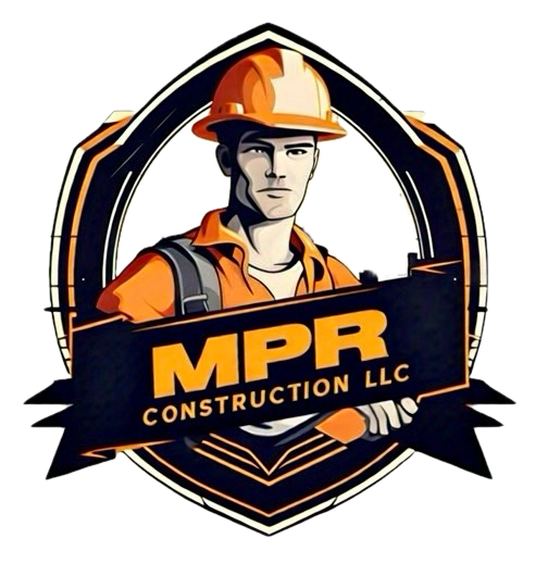 Logo of MPR Construction LLC featuring a young male construction worker wearing a hard hat and orange safety gear.