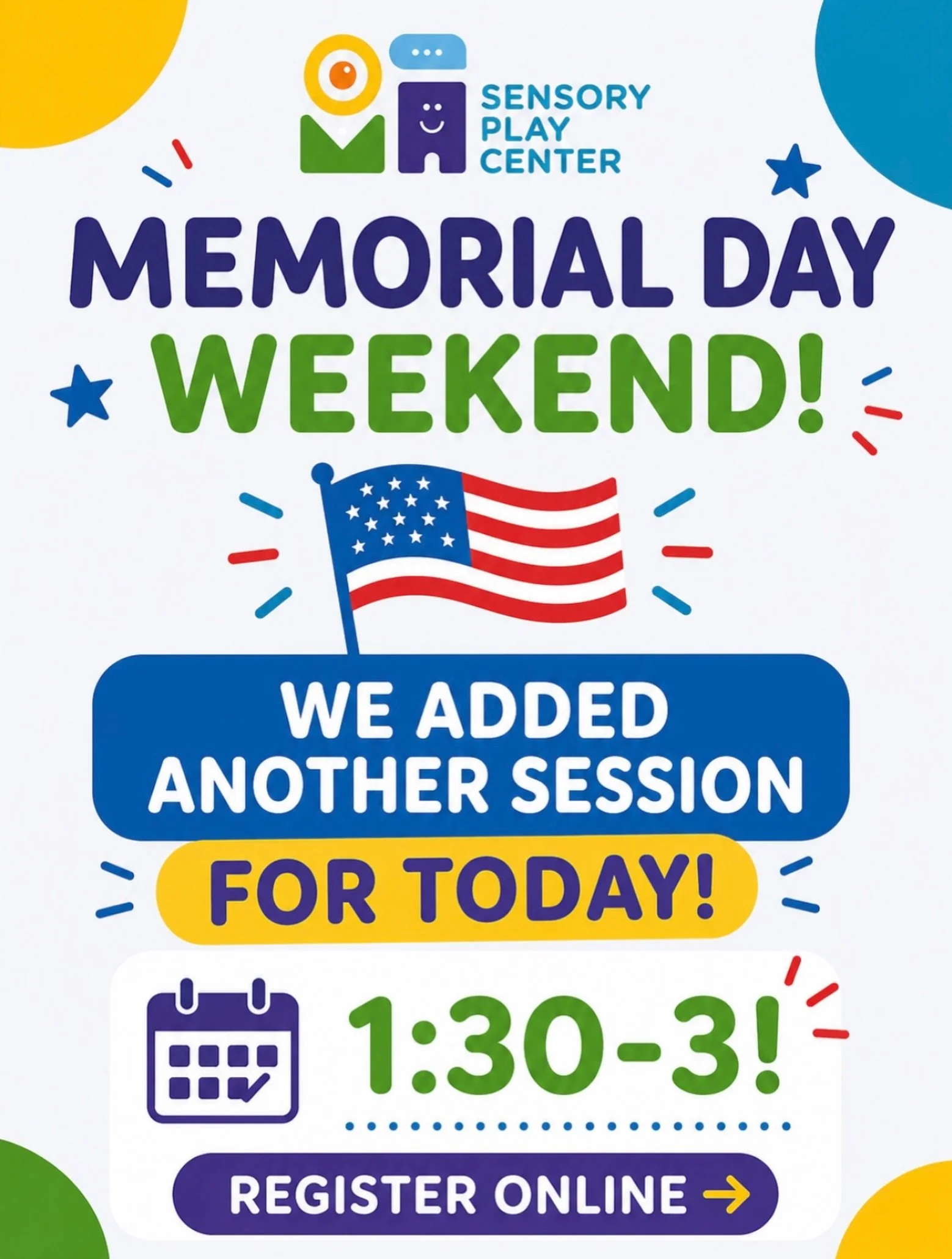 NEW SESSION ALERT! 📣 

We added another play session for TODAY &mdash; 1:30-3pm! 

Grab a spot before they&rsquo;re gone! 
sensoryplaycenter.org 🔗 Link in bio!

#SensoryPlayCenter #SheltonCT #MemorialDayWeekend #IndoorPlay