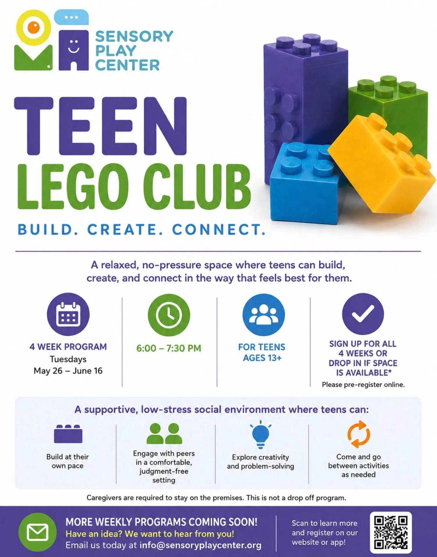 Teen Lego Club starts TODAY⭐️

If you have a teen ages 13+ looking for a chill, no-pressure space to build, create, and connect, this is it!

The 4-week program runs Tuesdays from 6&ndash;7:30 PM through June 16 at Sensory Play Center. Sign up for al