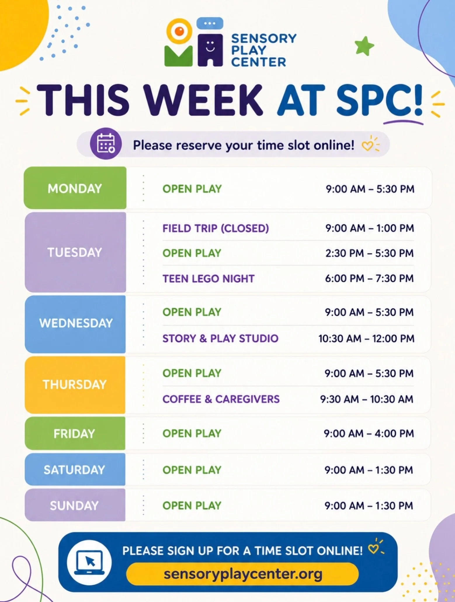 This week at SPC! 💛

Open play all week + our favorite weekly programs:

🧱 Teen Lego Night (Tues)

📖 Story &amp; Play Studio (Wed)

☕ Coffee &amp; Caregivers (Thurs)

Reservations required &rarr; sensoryplaycenter.org 🔗

#SensoryPlayCenter #Shelt