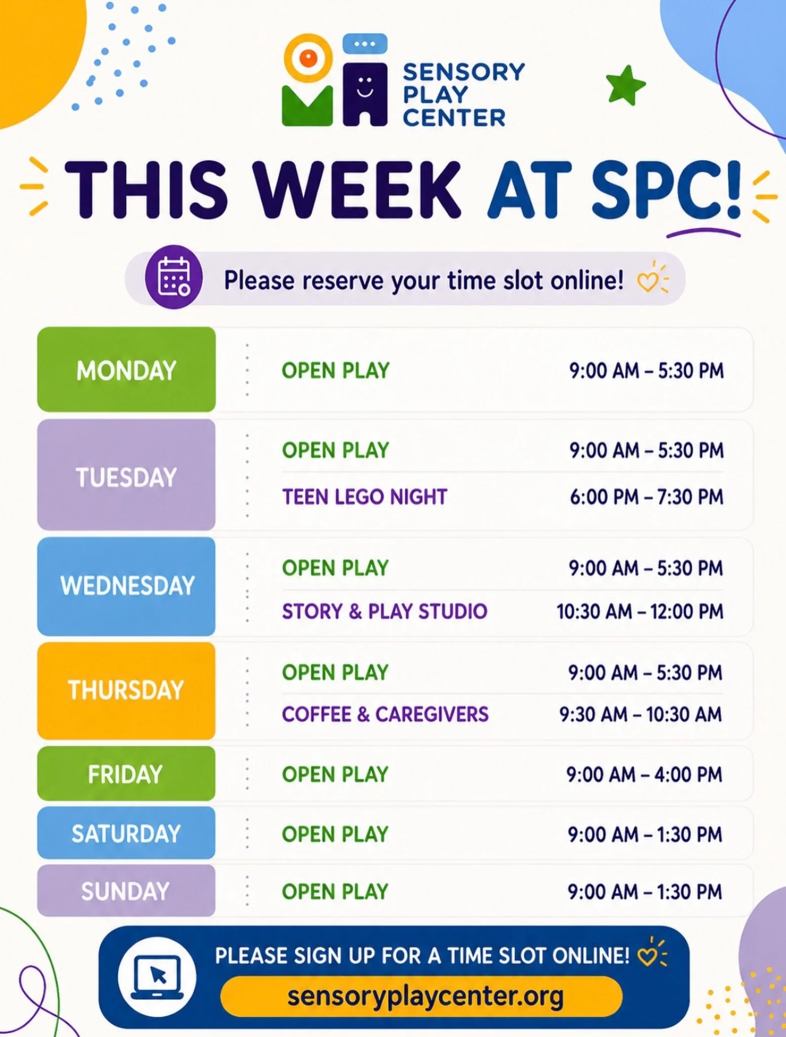 Here&rsquo;s what&rsquo;s happening this week at SPC! 💛

Open play all week long, plus our weekly programs you LOVE:

🧱 Tuesday: Teen Lego Night (6-7:30pm)

📖 Wednesday: Story &amp; Play Studio (10:30am-12pm)

☕ Thursday: Coffee &amp; Caregivers (
