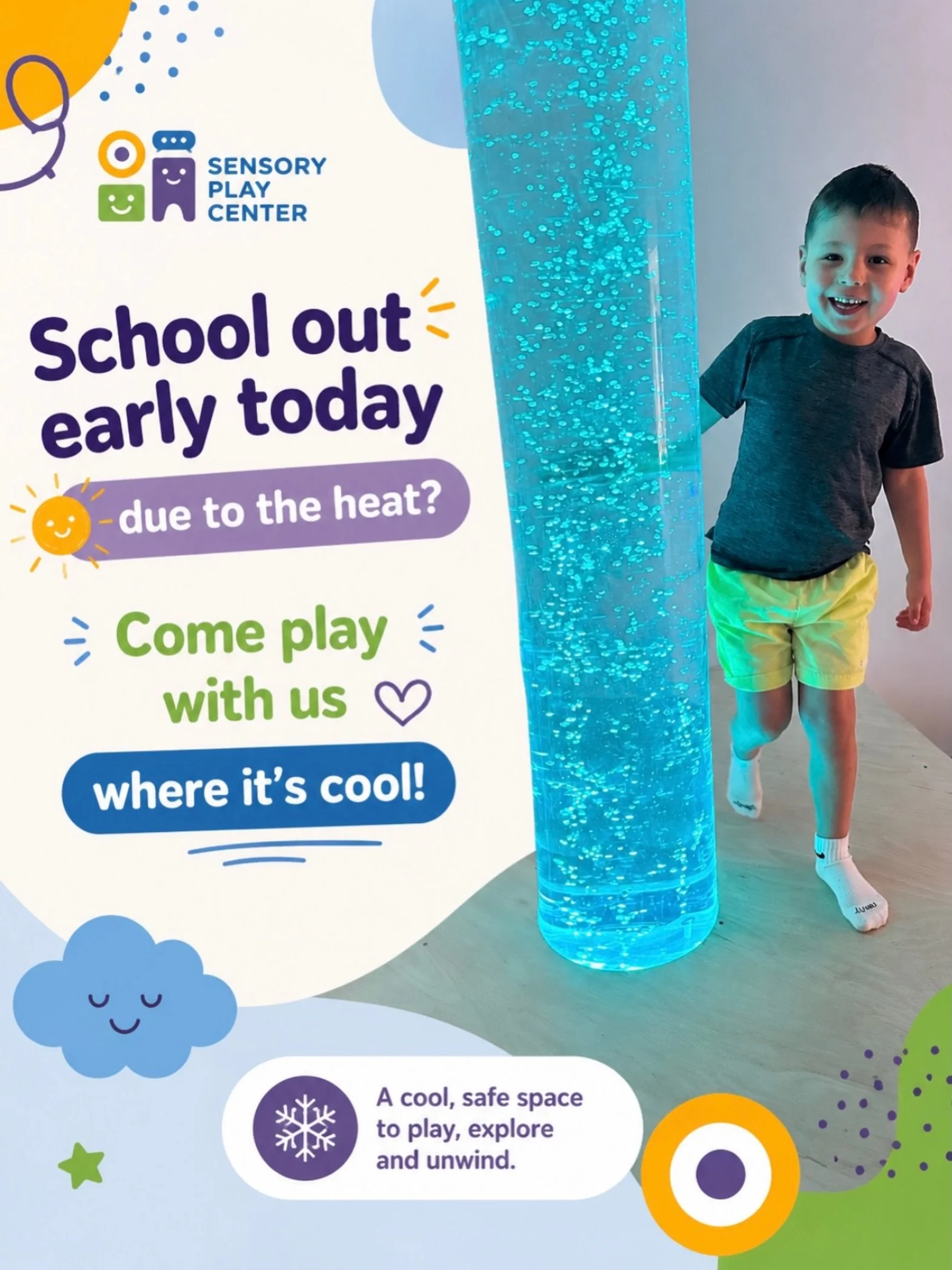 School out early today? ☀️🥵 We&rsquo;ve got you! 

Beat the heat at SPC &mdash; fully air-conditioned, sensory-friendly, and ready to play! 🛝

Spots available this afternoon &mdash; book NOW before they&rsquo;re gone! 🔗 sensoryplaycenter.org

Tag 