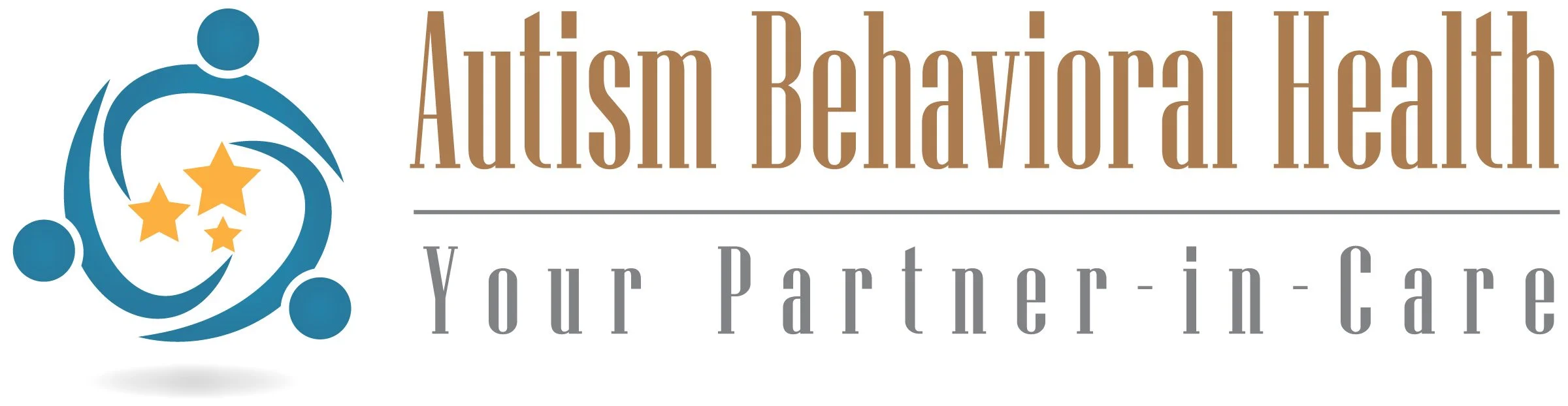 Logo for Autism Behavioral Health with three orange stars surrounded by a blue stylized figure and the text "Autism Behavioral Health Your Partner in Care".
