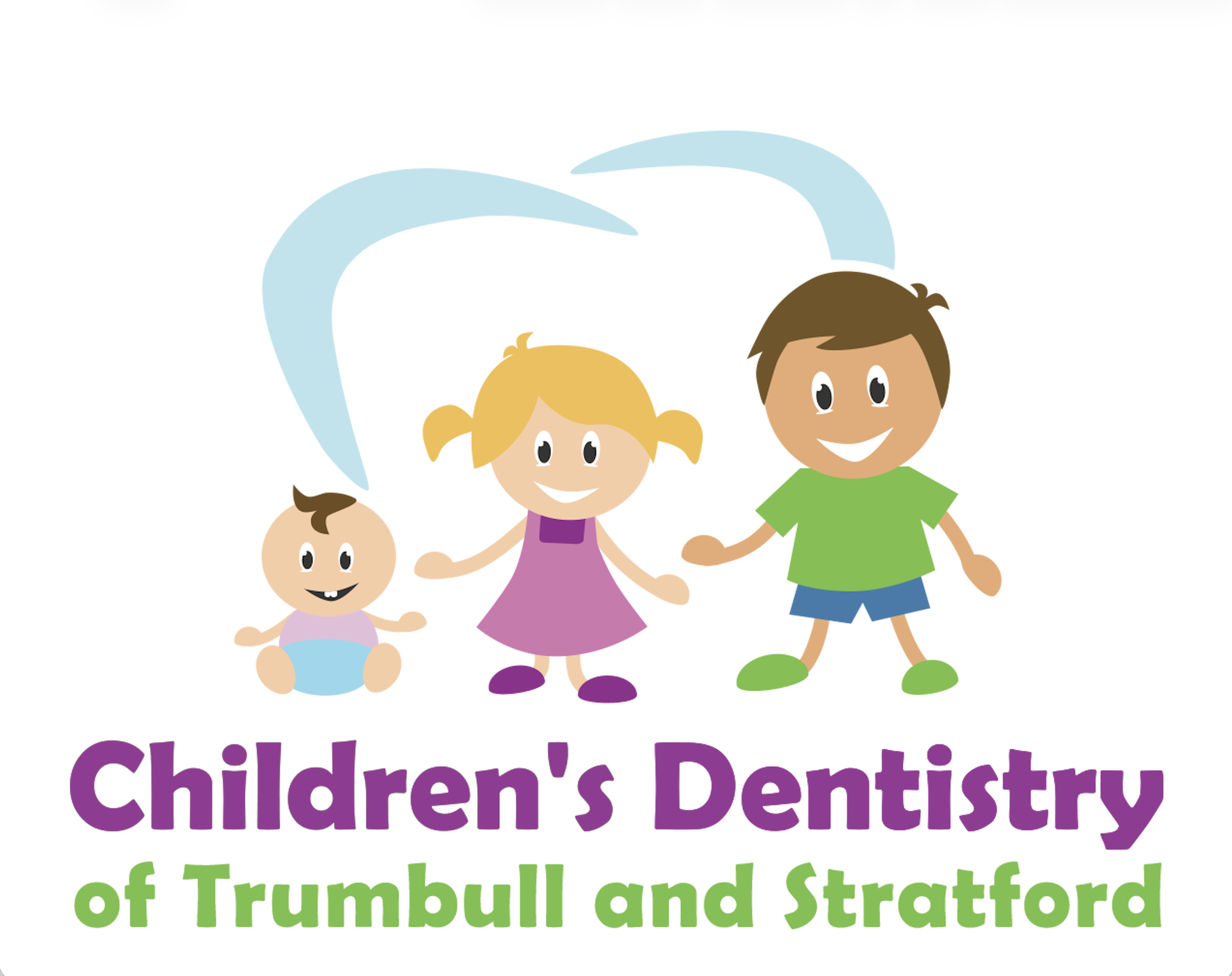 Illustration of three children, one girl with pigtails, one boy, and a baby, holding hands under a dolphin-shaped water splash. Text reads "Children's Dentistry of Trumbull and Stratford."