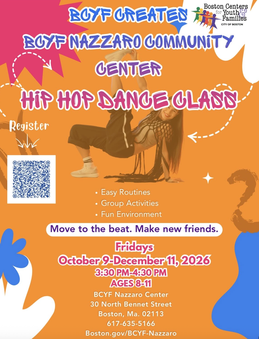 Flyer for a boy-focused hip hop dance class with colorful text and graphics, including a photo of a girl in a dance pose and a QR code for registration.
