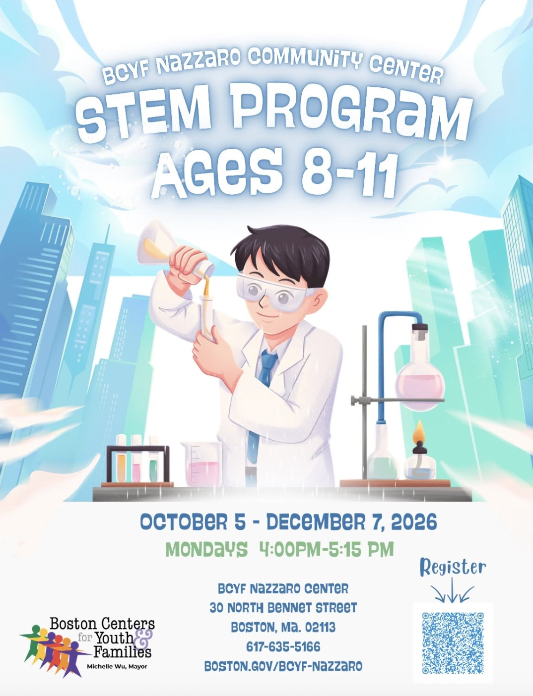 Flyer for BCYF Nazzaro Community Center STEM program for ages 8-11, running from October 5 to December 7, 2026, Mondays 4:00 PM to 5:15 PM, featuring a cartoon boy in a lab coat conducting a science experiment in a cityscape background.