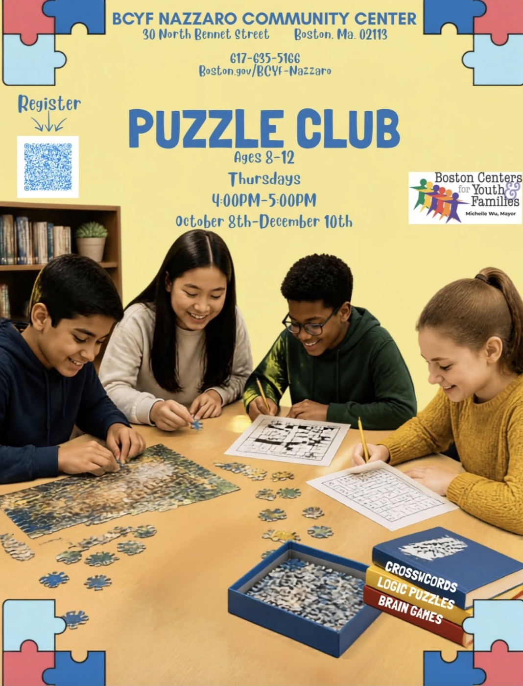 Flyer for BCYF Nazzaro Community Center Puzzle Club for youth ages 8-12, held on Thursdays from 4:00 PM to 5:00 PM from October 8th to December 10th. Features a photo of four children working on puzzles at a table with puzzle pieces, books, and paper