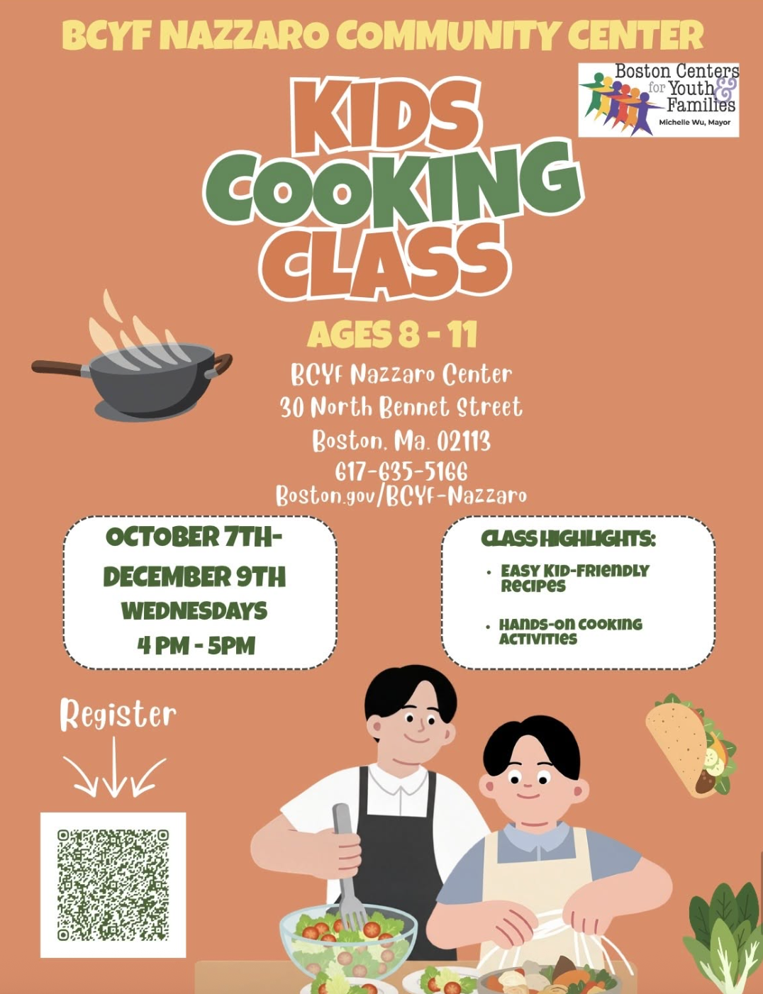 Flyer for kids cooking class at BCYF Nazzaro Community Center, ages 8-11, with class dates October 7th to December 9th on Wednesdays, 4-5 PM. Features a cartoon boy and girl cooking, a QR code to register, and icons of a steaming pan and a taco.