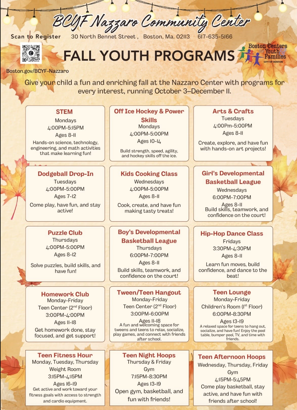 Fall youth programs at the BCYF Nazzaro Community Center in Boston, MA, with various activities scheduled from October to December for children ages 8-19, including arts and crafts, sports, cooking, and fitness, advertised on a fall-themed poster wit