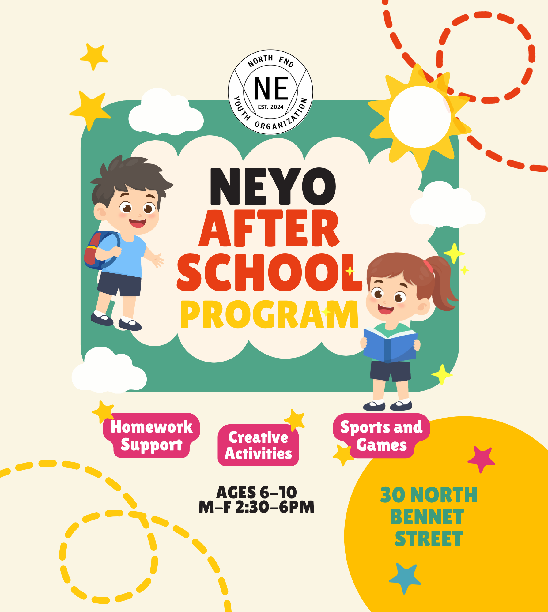 Illustration of a children’s after school program flyer featuring a boy with a backpack and a girl reading a book. The flyer includes details about activities for children aged 6-10, such as homework support, creative activities, sports and games, and location at 30 North Bennet Street.