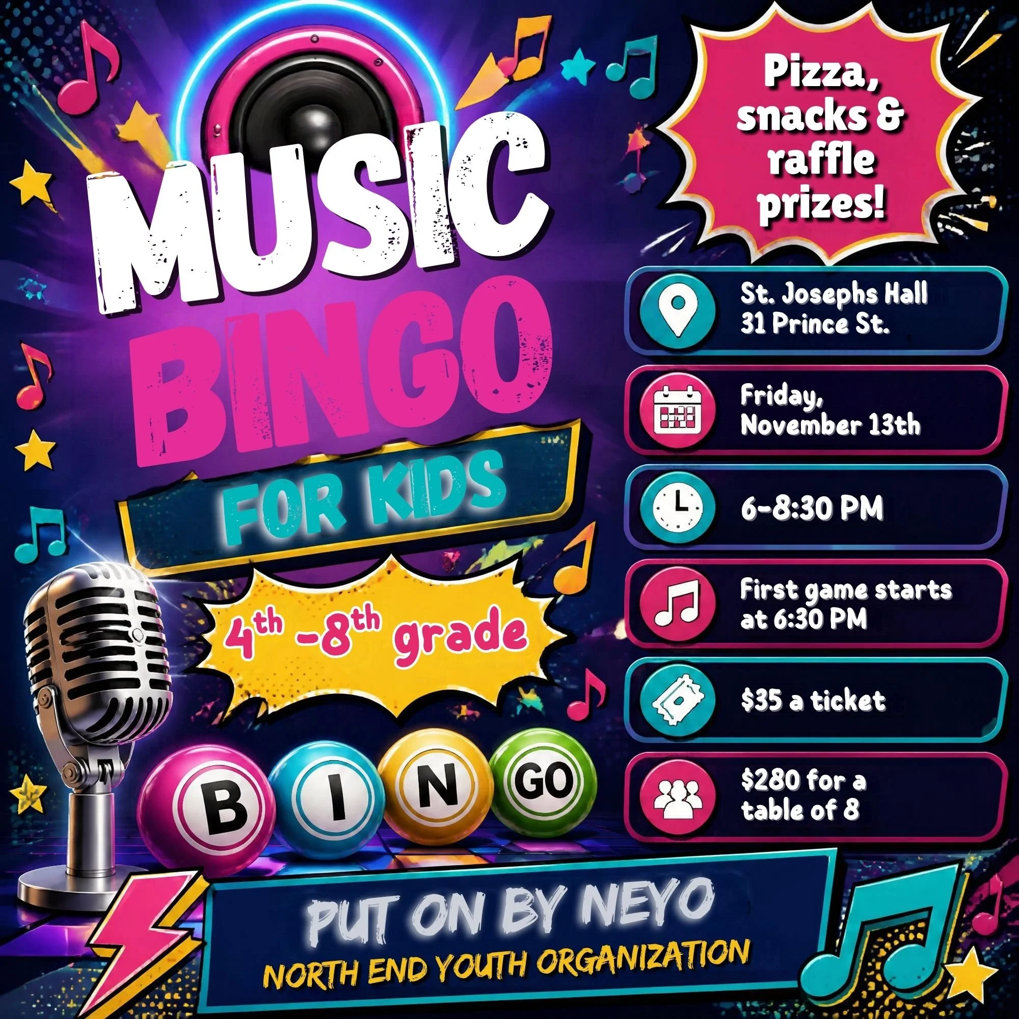 Colorful poster advertising a music event with a neon-themed design. It features large text that says "MUSIC BINGO" and details about the event, including pizza, snacks, raffle prizes, location at St. Josephs Hall, date November 13th, and time from 6 to 8:30 PM. There are musical notes, stars, a microphone, and a speaker as decorative elements.