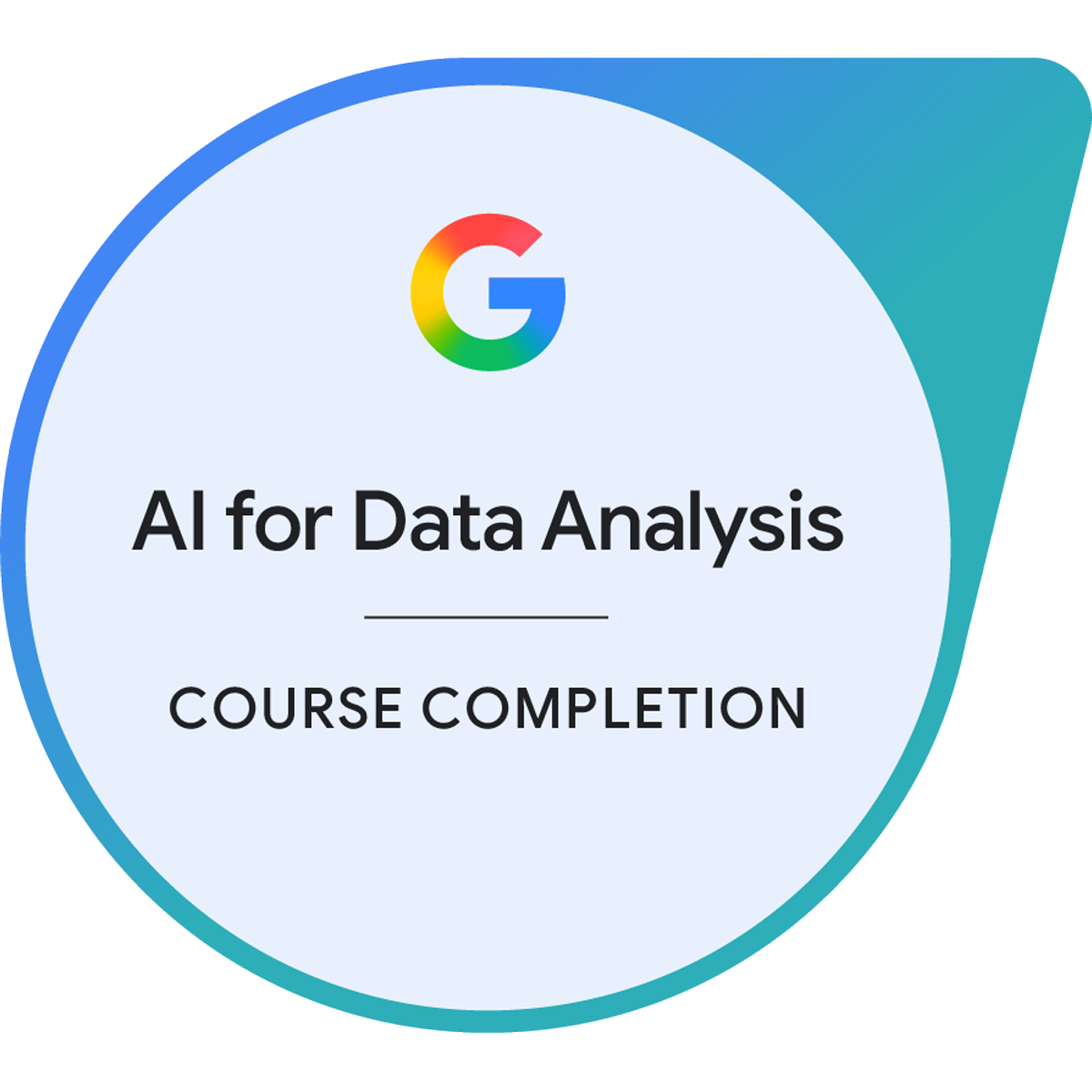 Certificate of completion for an AI for Data Analysis course with Google logo.