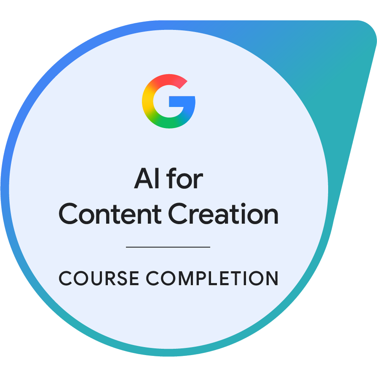 Google logo with text 'AI for Content Creation' and 'Course Completion' on a light blue circular background.