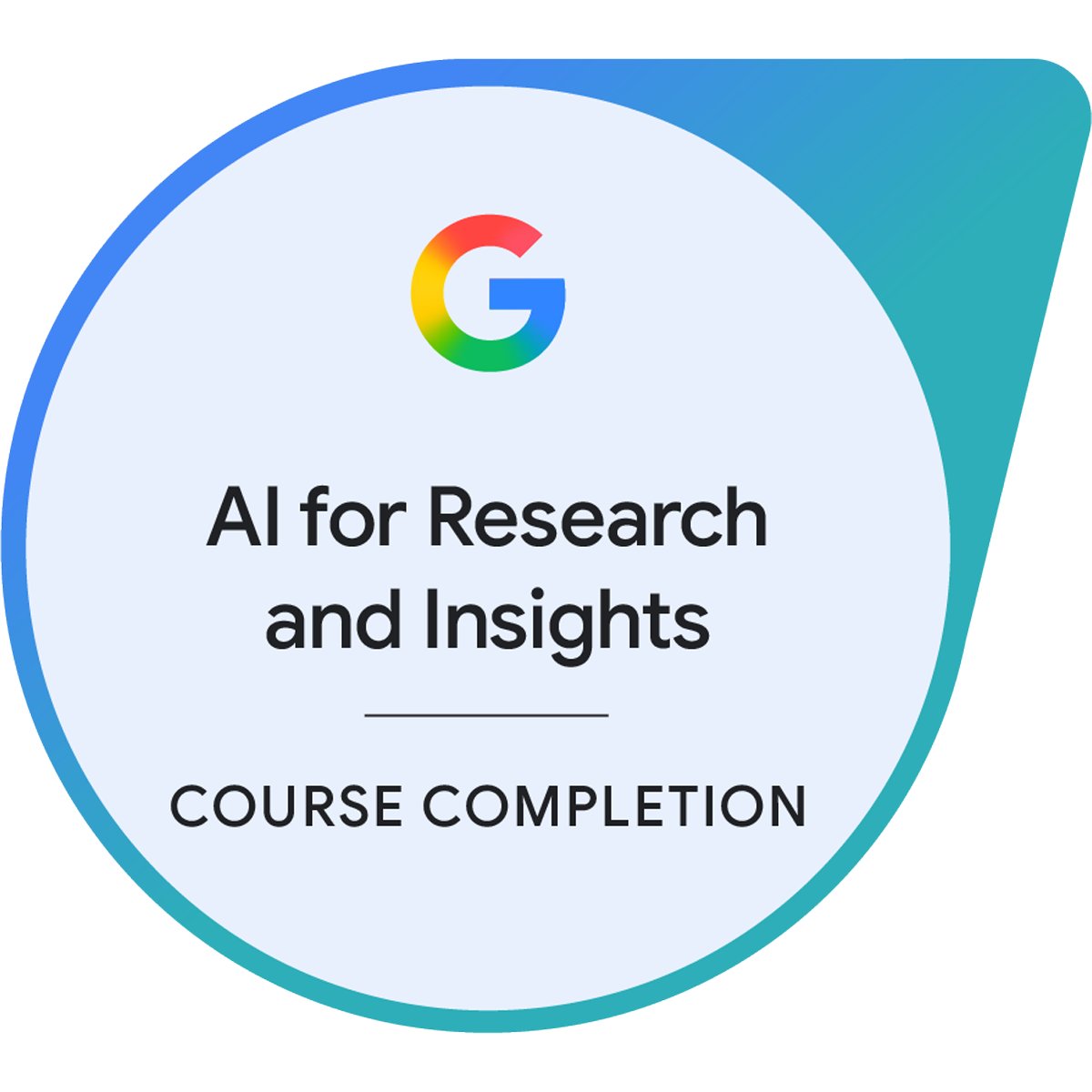 Certificate with Google logo, titled 'AI for Research and Insights', indicating course completion.