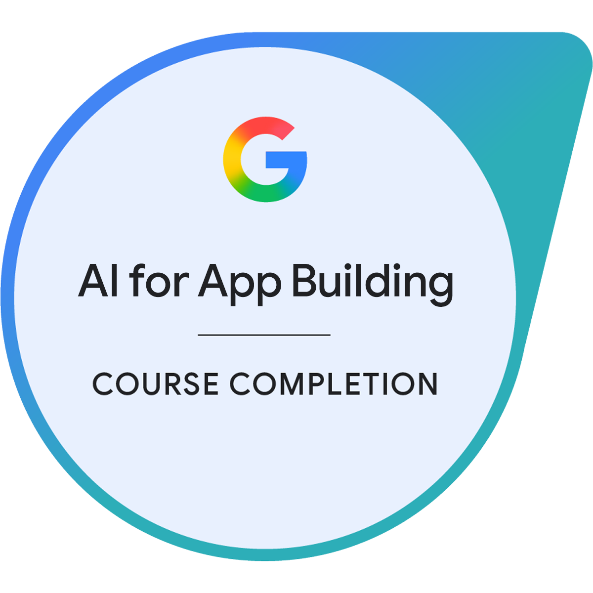 Certificate of completion for an AI for App Building course from Google with a light blue background and a multicolored Google logo.