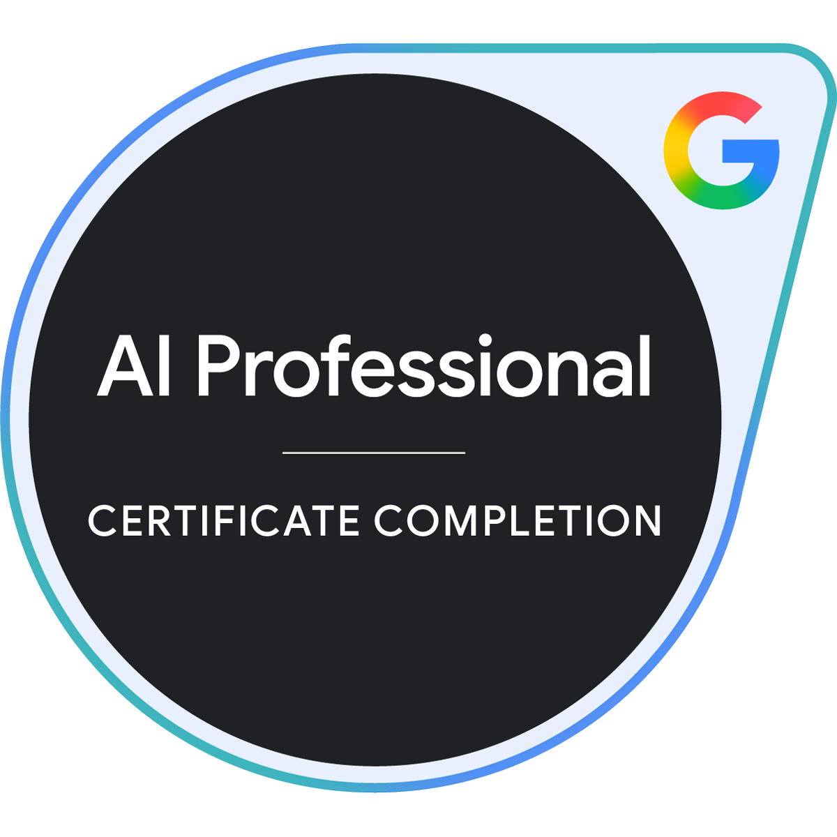 Badge indicating AI Professional certification completion from Google.