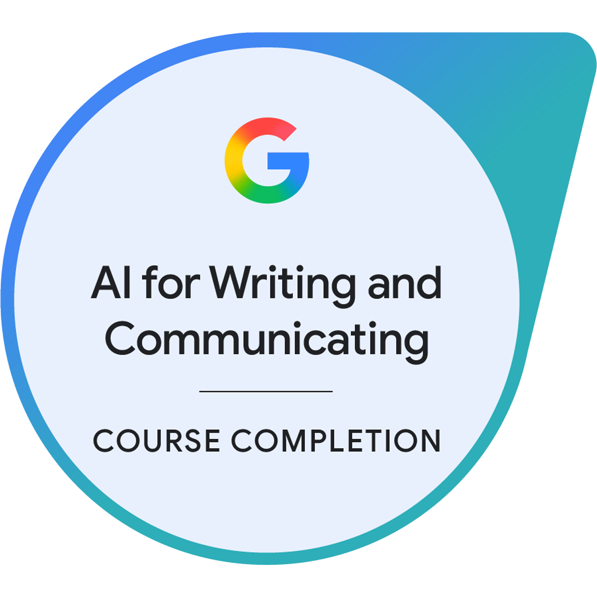 Course completion badge for 'AI for Writing and Communicating' with Google logo.