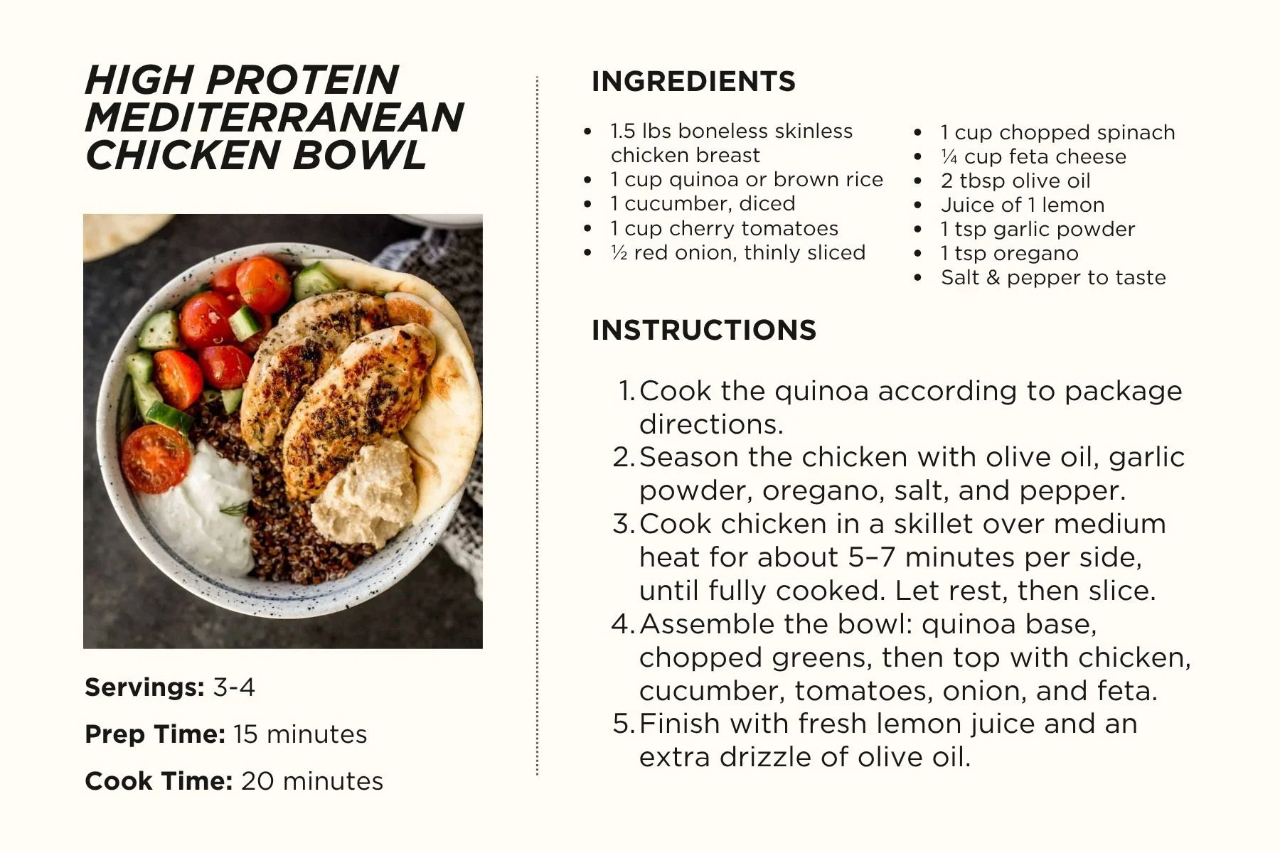 High Protein Mediterranean Chicken Bowl recipe card
