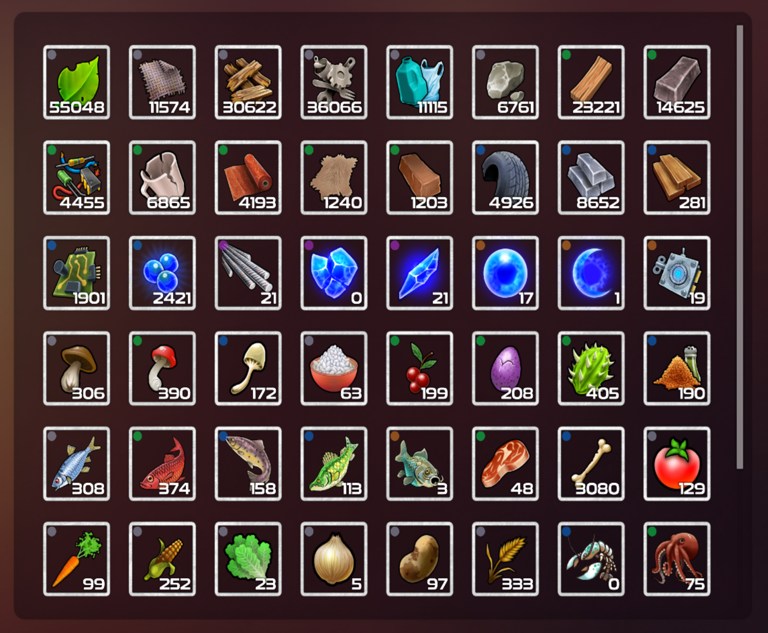 Collections tab, now organized by material rarity and type. DLC-exclusive material appears at the end of the list rather than the middle.