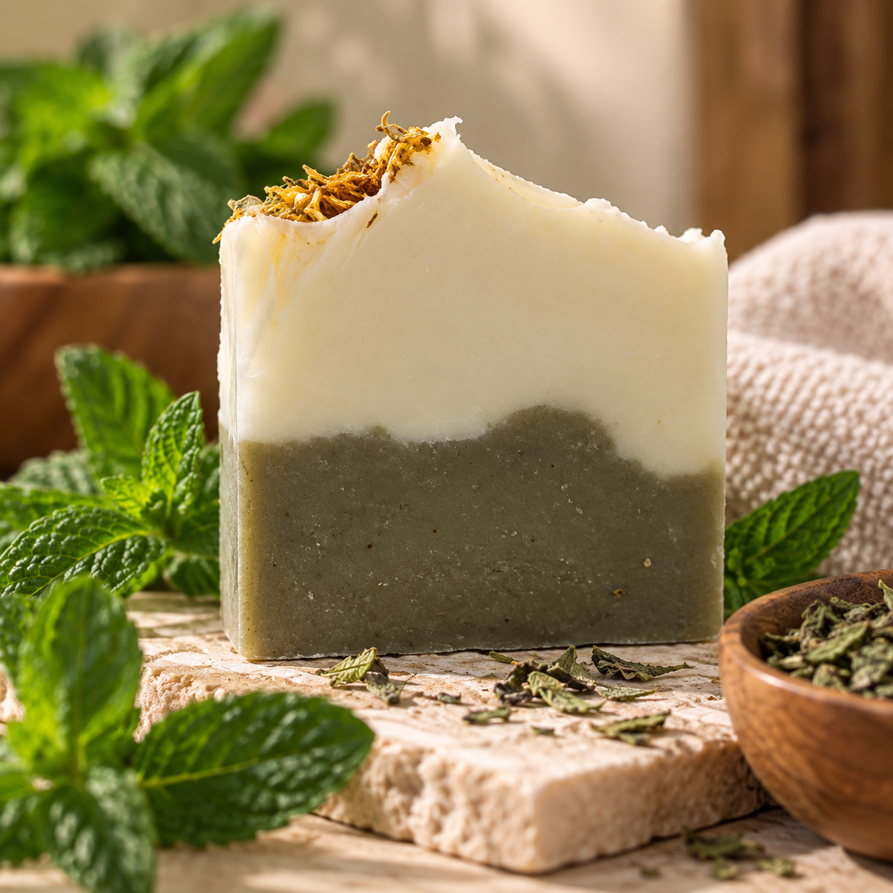 A bar of herbal soap with a two-tone color, topped with dried herbs, surrounded by fresh mint leaves and loose herbs on a textured surface, with a background of blurred greenery and cloth.