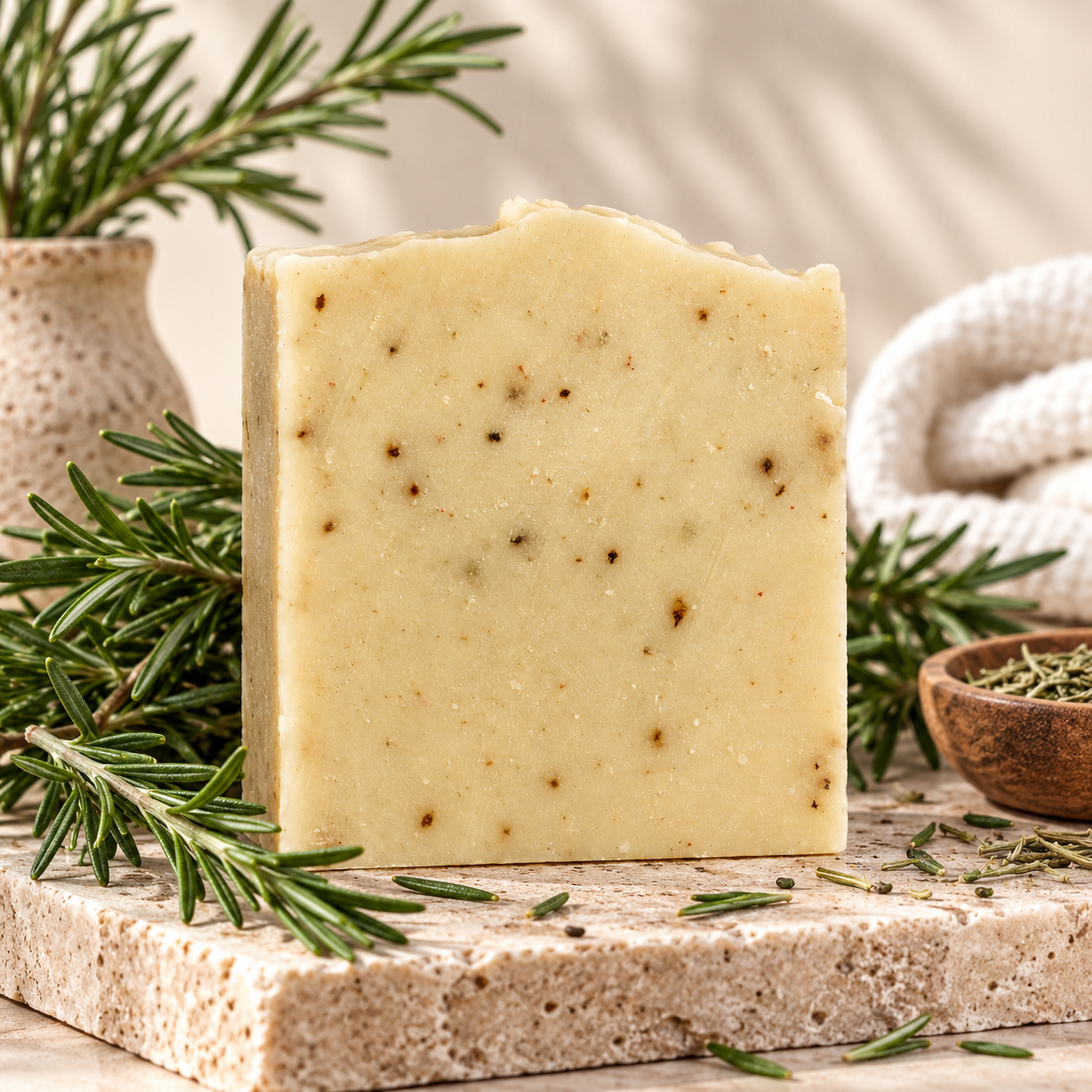 Handmade rosemary soap bar with fresh rosemary by Llanes Soaps
