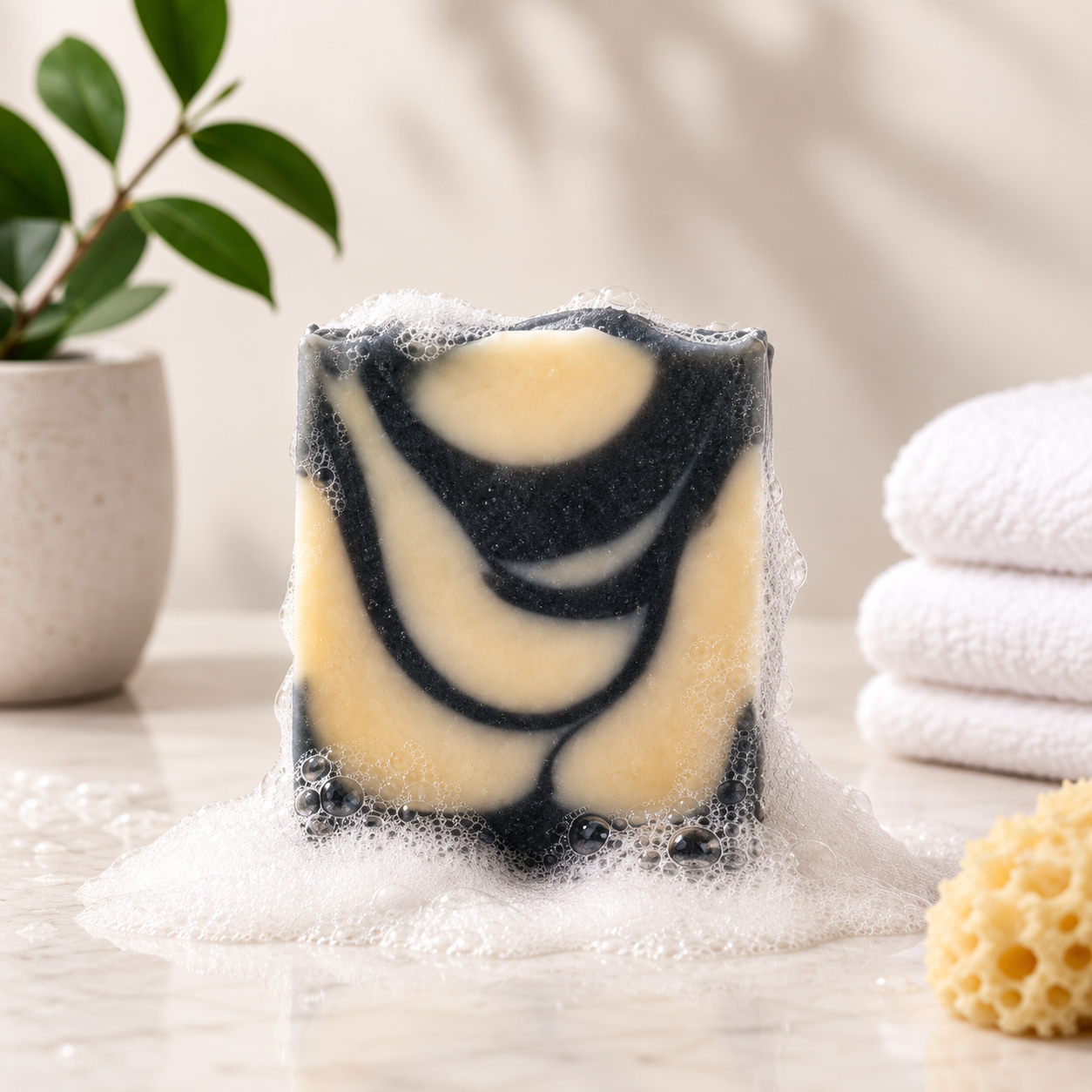 A black and white marbled soap bar with bubbles and foam on a bathroom counter, with a potted plant, folded towels, and bath sponge in the background.