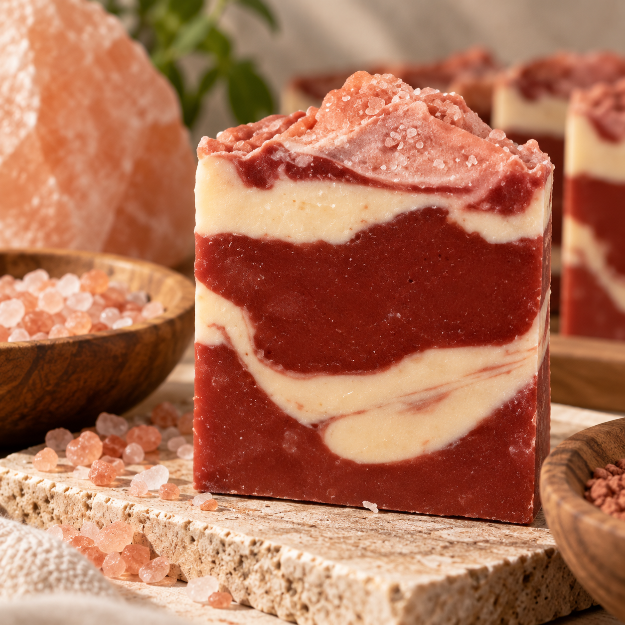 Close-up of a layered soap bar with red and white swirls, surrounded by pink Himalayan salt and other soap bars