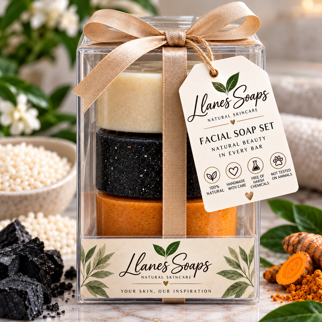 Llanes Soaps handmade facial soap set with rice, activated charcoal and turmeric soaps