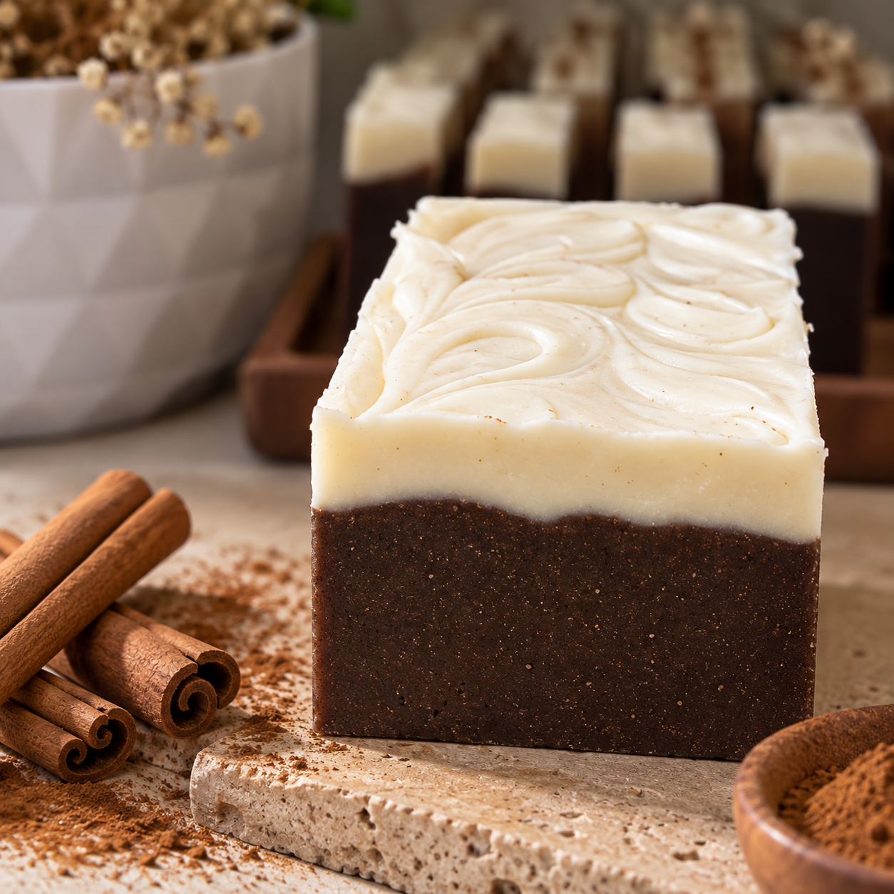 Close-up of a rectangular soap bar with a dark brown bottom layer and a white top layer with swirled design, surrounded by cinnamon sticks, cocoa powder, and a bowl of cocoa powder.