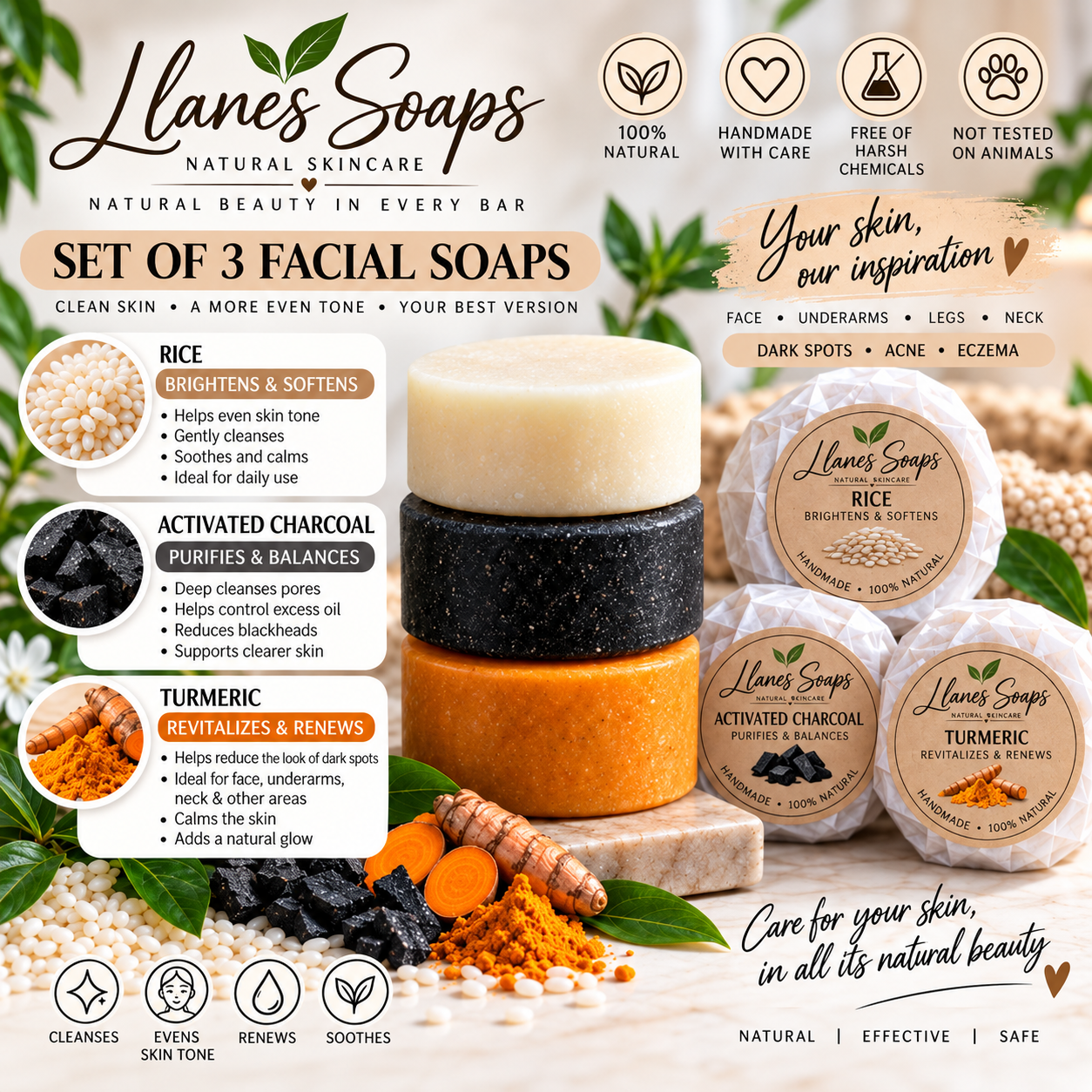 Rice, activated charcoal and turmeric facial soaps in the Llanes Soaps Facial Set