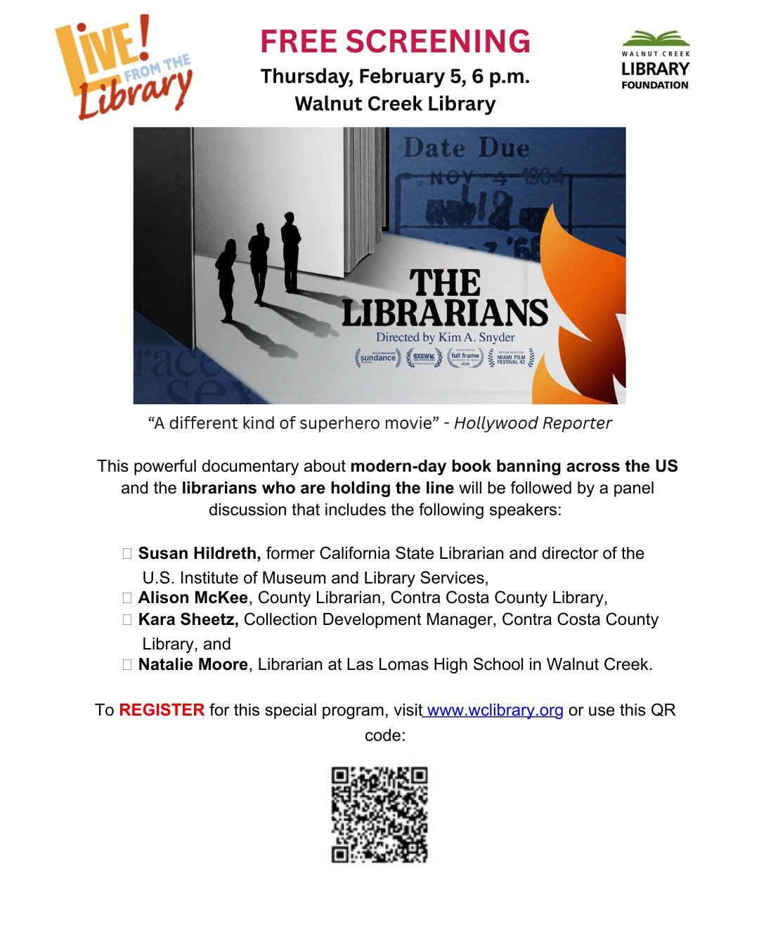 Join us for a special community screening of The Librarians at the Walnut Creek Library.

February 5th, 6 pm.

Register in bio, website or QR code

At a time when book bans and challenges are happening across the country, this powerful, award-winning