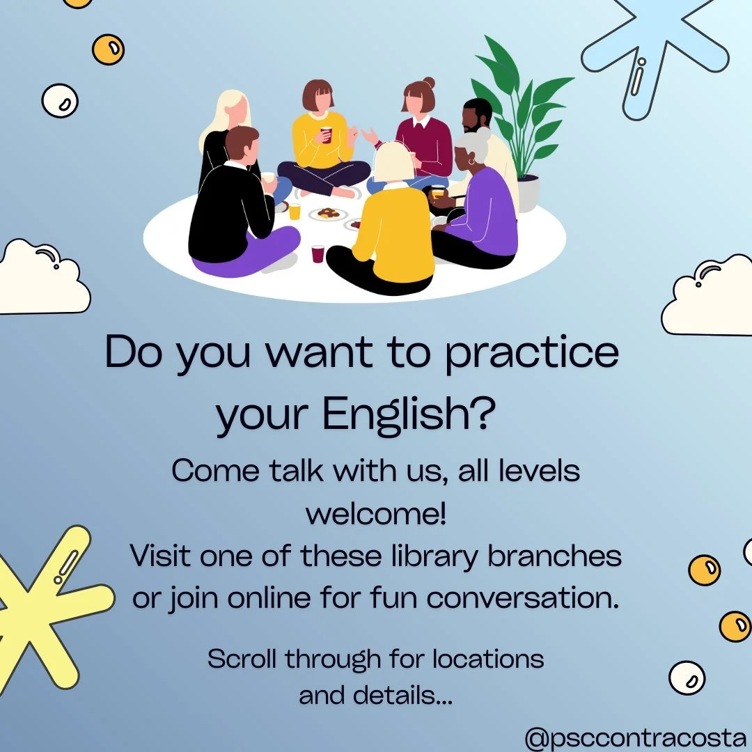 Project Second Chance, the Library's adult literacy program, is at our Walnut Creek Library every Thursday from 2-3 p.m. All levels welcome! 
#literacymatters #AdultLiteracyForLife #readingisfun