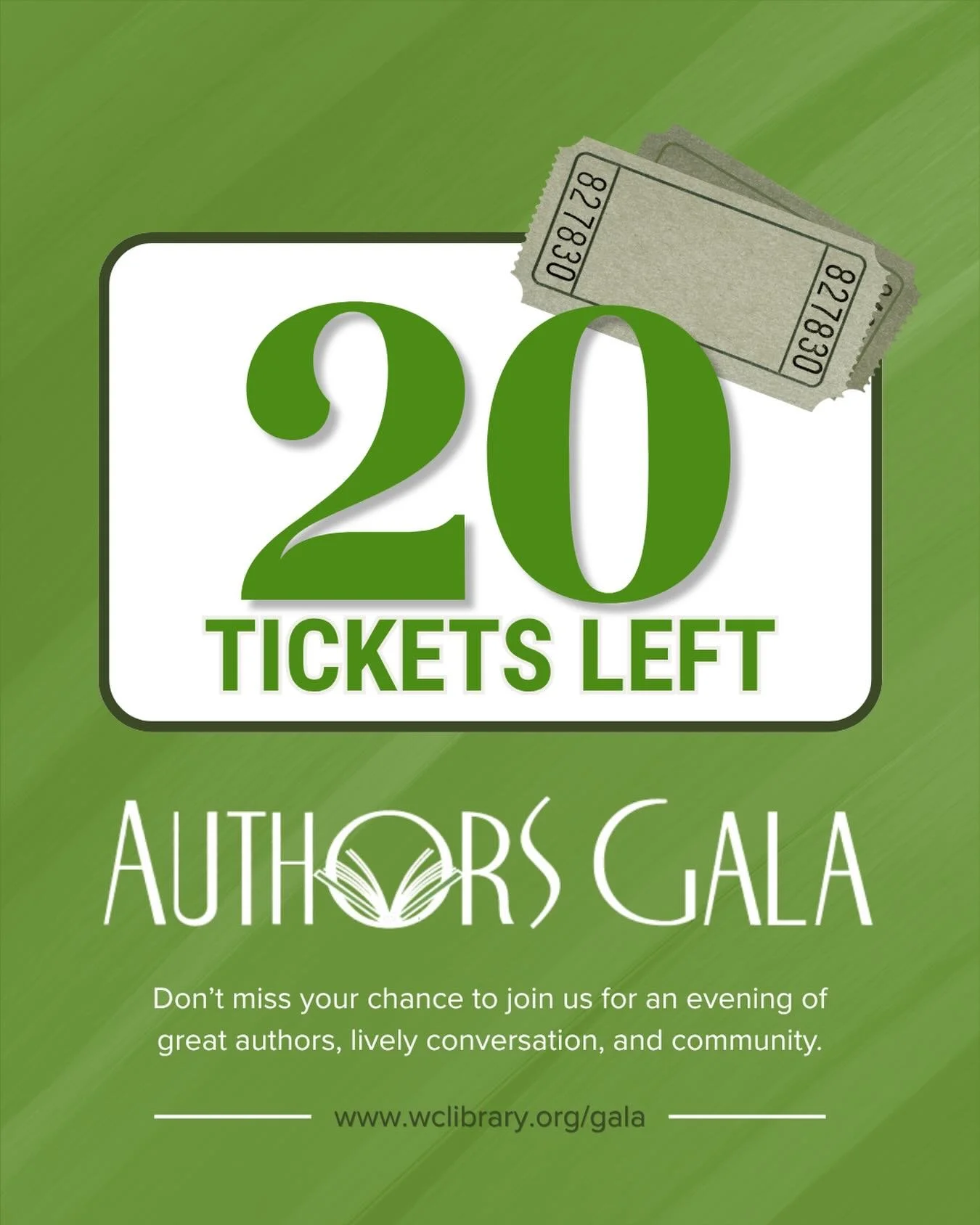 Only 20 tickets remain for this year&rsquo;s Authors Gala.
If you&rsquo;ve been thinking about coming, now is the time. It&rsquo;s going to be a special evening filled with great authors, meaningful conversation, and a wonderful show of support for o