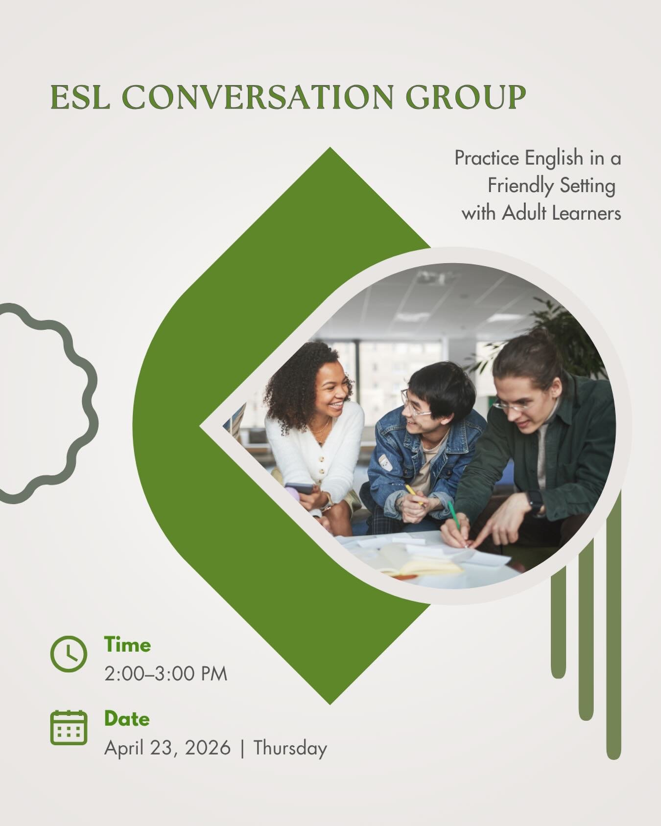 Looking for a welcoming place to practice English conversation?

The ESL Conversation Group at the downtown Walnut Creek Library is a great way to build confidence, connect with others, and practice in a friendly, relaxed setting.

Thursday, April 23